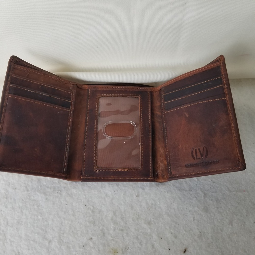 Genuine Leather Tri Fold Wallet Brown Bifold Credit Card Holder RFID lock NWOT